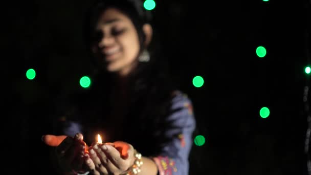 Indian Girl Diwali Diya Oil Lamp Girl Holding Diva Bokeh — Wideo stockowe