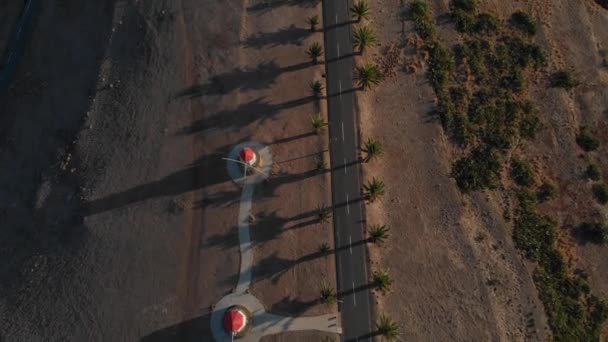 Windmills Portela Viewpoint Porto Santo Island Portugal Aerial Forward Reveal — 图库视频影像