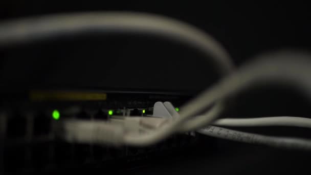 Network Switch Lights Ethernet Utp Cables Zoom Out Medium Shot — Vídeo de Stock