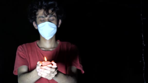 Young Man Celebrating Diwali Festival Medical Mask Diya Oil Lamp — Stockvideo