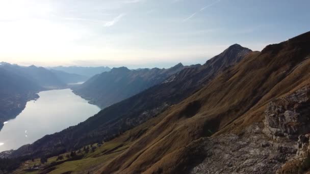 Drone View Green Mountains Beautiful Swiss Lake Brienzersee — Stock videók