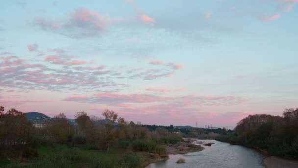 Amazing Purple Colored Clouds Peaceful Spanish Countryside Small Creek — Stockvideo