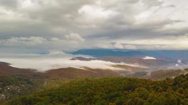 Aerial Drone Hyperlapse Autumn Mountain Forest Moving Clouds — Stock video