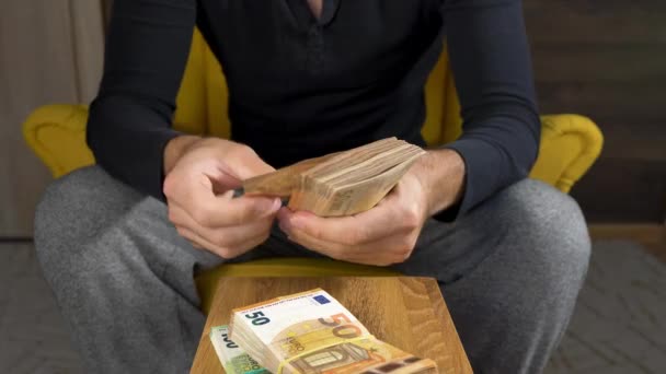 Man Sitting Counting Lot Money Stacks Euro Bills Static — Wideo stockowe
