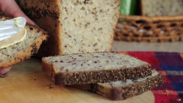 Close Shot Woman Hands Spreading Butter Kitchen Knife Crispy Slice — Vídeo de Stock