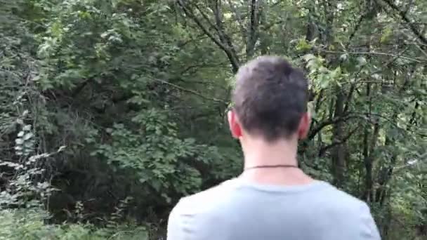 Άνθρωπος Που Περπατά Στο Πράσινο Δάσος Πυροβολήθηκε Από Πίσω — Αρχείο Βίντεο