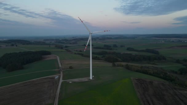 Wind Turbine Generating Wind Energy Lubawa Poland Sunset Ascending Drone — Vídeo de Stock