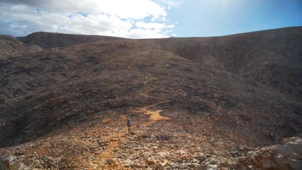 Person Hikes Winding Trail Barren Landscape Central Australia — Stockvideo