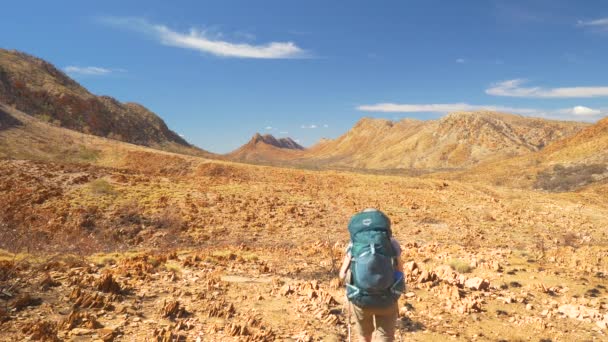 Hiker Walking Desert Landscape Distant Mountains Central Australia — Αρχείο Βίντεο
