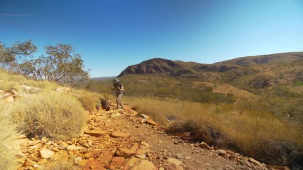 Wanderer Wandert Durch Trockene Landschaft Zentralaustraliens — Stockvideo