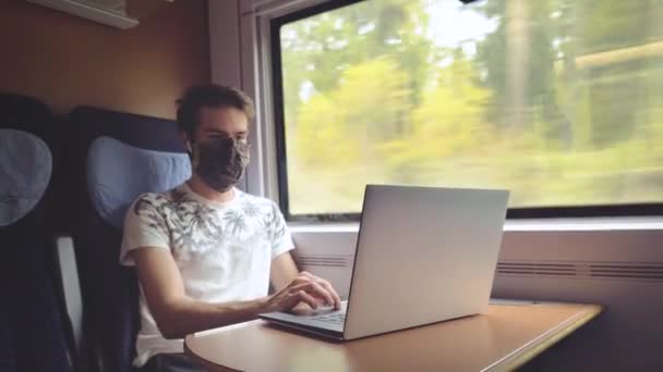 Young Male Student Traveling Train Corona Crisis Wearing Safety Facemask — Stok Video