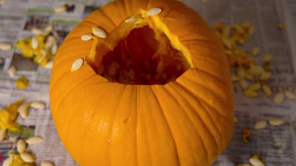 Pumpkin Carving Jack Lantern Spoon Male Hands Seeds Insides Ripe — Stok video