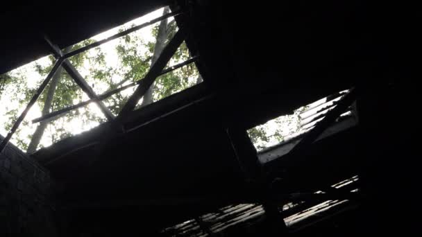 Broken Skylight Windows Old Abandoned Factory Panning Shot — Stock Video