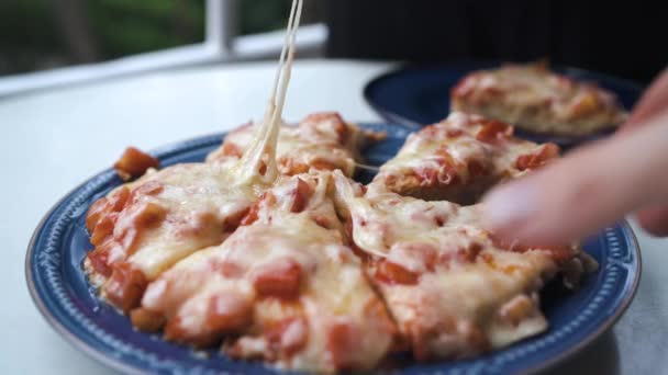 Close Hands Taking Homemade Pizza Slices Lot Cheese — ストック動画