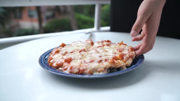 Female Hand Taking Slice Homemade Pizza Lots Cheese — Vídeos de Stock