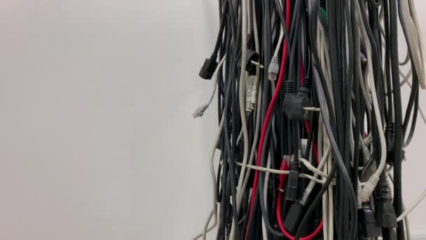 Hanging Cable Clutter Server Room Unwanted Electronic Cables Close — Wideo stockowe
