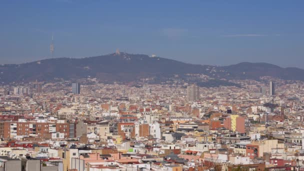Statický Snímek Panorama Barcelony Pohledu Montjuc Collserola Hora Tibidabo Zábavním — Stock video