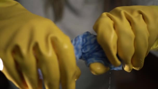 Hands Wringing Out Cleaning Cloth Wearing Yellow Rubber Gloves Close — Stok video