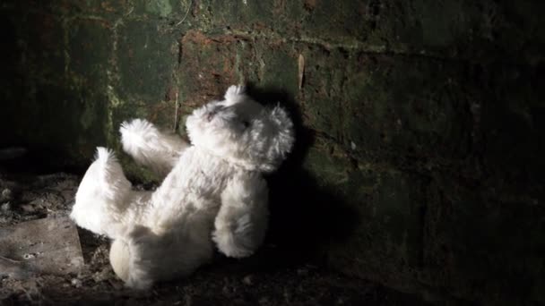 Child Teddy Bear Discarded Old Building Basement Medium Zoom Out — 图库视频影像