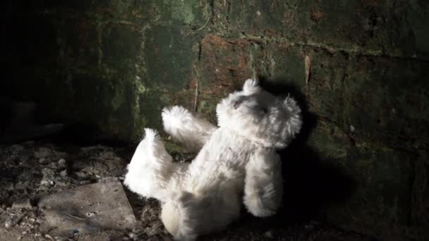 Child Teddy Bear Discarded Old Building Basement Medium Panning Shot — 图库视频影像