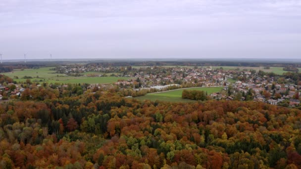 Stabilzed View High Positioned Drone Little Village Next Autumn Colored — Stock Video