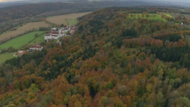 Look Panning Shot Monastery Next Forest Autumn Green Meadow — Stok video