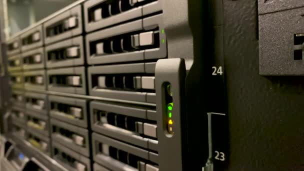 Server Room Working Data Center Server Blinking Led Lights Rack — Vídeo de Stock