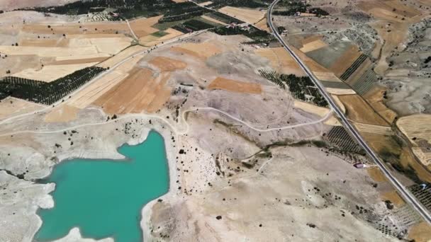 Drone Filming Small Lake Lost Hills Fields Road Turkey — Stock Video