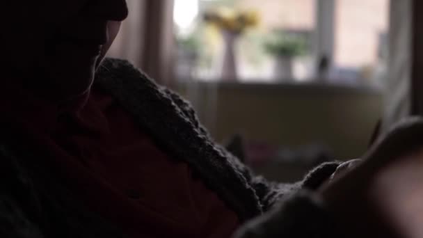 Elderly Lady Sits Home Knitting Medium Shot — Stockvideo