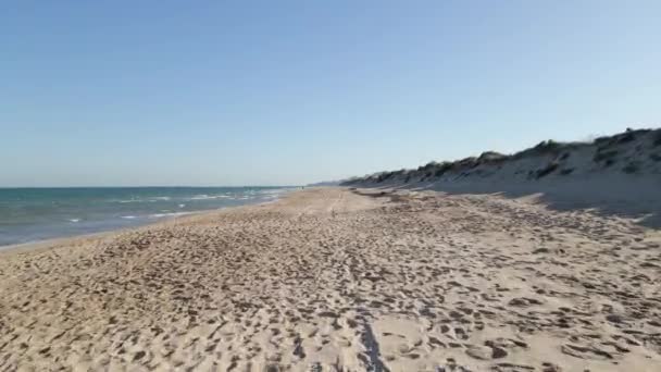 Aerial View Slow Upward Movement Empty Beach Dunes Mareny Valencia — Αρχείο Βίντεο
