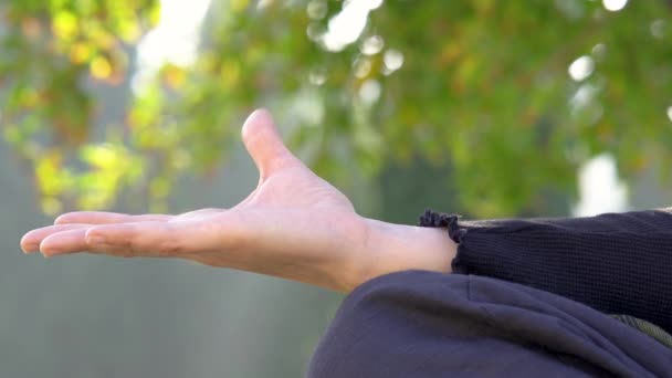 Woman Practicing Yoga Places Her Hand Position Slowly Opens — Vídeo de stock