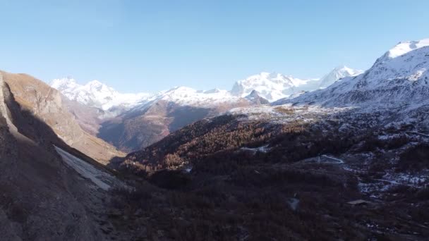 Drone View Swiss Valley Snow Capped Alps Background Sunny — Wideo stockowe