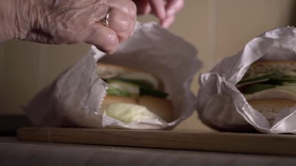 Elderly Lady Freshly Prepared Sandwiches Bags Medium Shot — Wideo stockowe