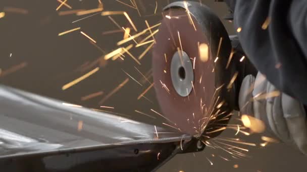 Sparks Metal Grinder Used Worker Macro Slow Motion — стоковое видео