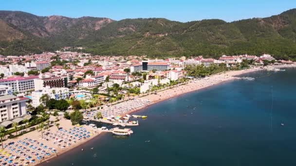 Drone Flight Resort Town Hotels Backdrop Mediterranean Sea Blue Sky — Stock Video