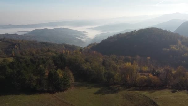 Topo Montanha Sobre Floresta Verde Para Vale Nebuloso Aéreo — Vídeo de Stock