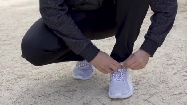 Runner Just Laces His Shoes Slow Motion Starts Running — Stock Video