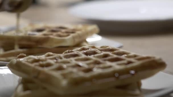 Topping Delicious Waffles Syrup Breakfast Close — Wideo stockowe