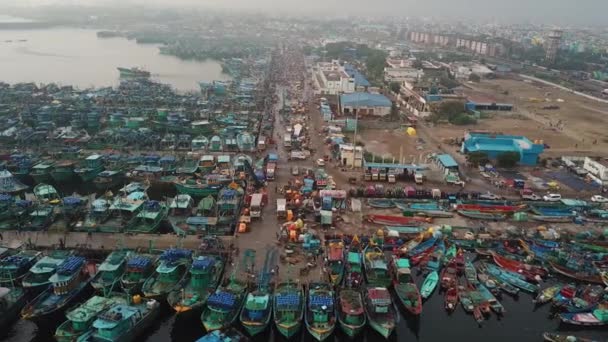 Aerial View Fishing Boats Royapuram Fishing Harbor Fishing Boats Docked — Video Stock