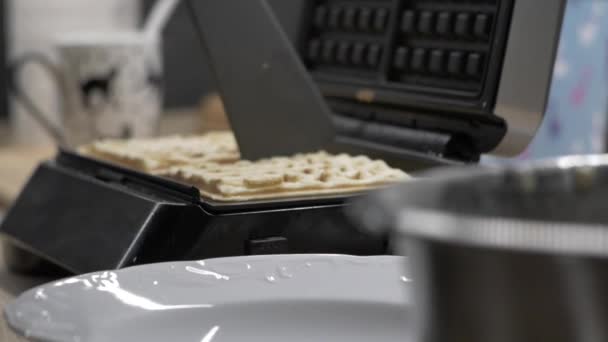 Removing Hot Cooked Waffles Iron Waffle Maker Close — Vídeos de Stock