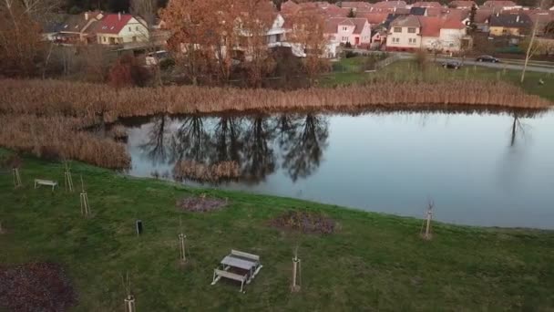 Small Pond Suburban Houses Background South Moravian Region Czech Republic — Stock video