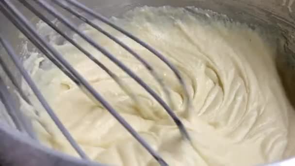 Mixing Waffle Batter Bowl Whisk Close Slow Motion — Αρχείο Βίντεο