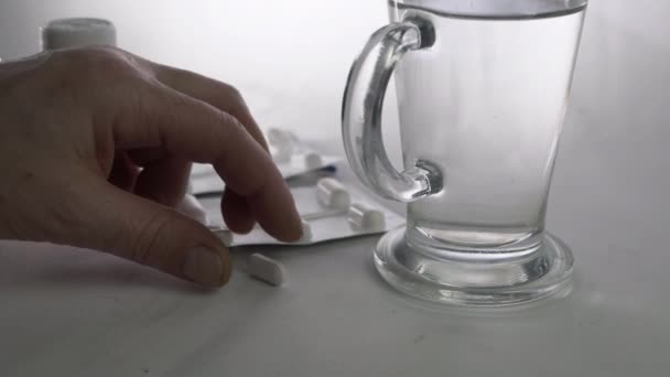 Hands Taking Headache Tablets Glass Water Close Shot — Αρχείο Βίντεο