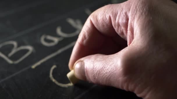 Hands Teacher Writing Words Blackboard Chalk Close Shot — Stockvideo