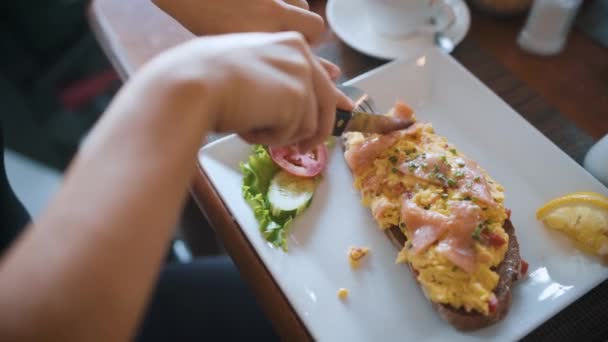 Female Cutting Eating Sandwich Salmon Eggs Toasted Bread Woman Having — Vídeo de Stock