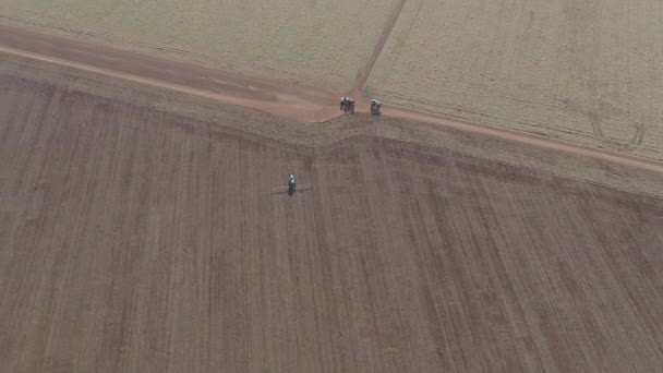 Crop Machine Working Vast Soy Plantation Field Aerial View Revealing — Wideo stockowe