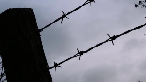 Timelapse Gray Clouds Passing Barbed Wire Fence — Stock Video