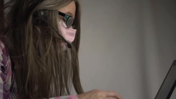 Woman Mask Glasses Headset Medium Shot — 图库视频影像