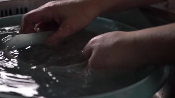 Hands Washing Crockery Kitchen Sink Close Shot — Video Stock