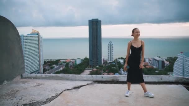 Shot Young Woman Black Dress Walking Roof Sea View Looking — Stock video